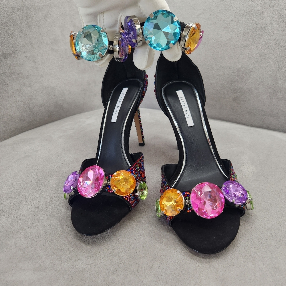 Gianni Bini Dress Sandal 7.5 Black Suede Oaklynn Chunky Jewel Ankle Cuff New$160